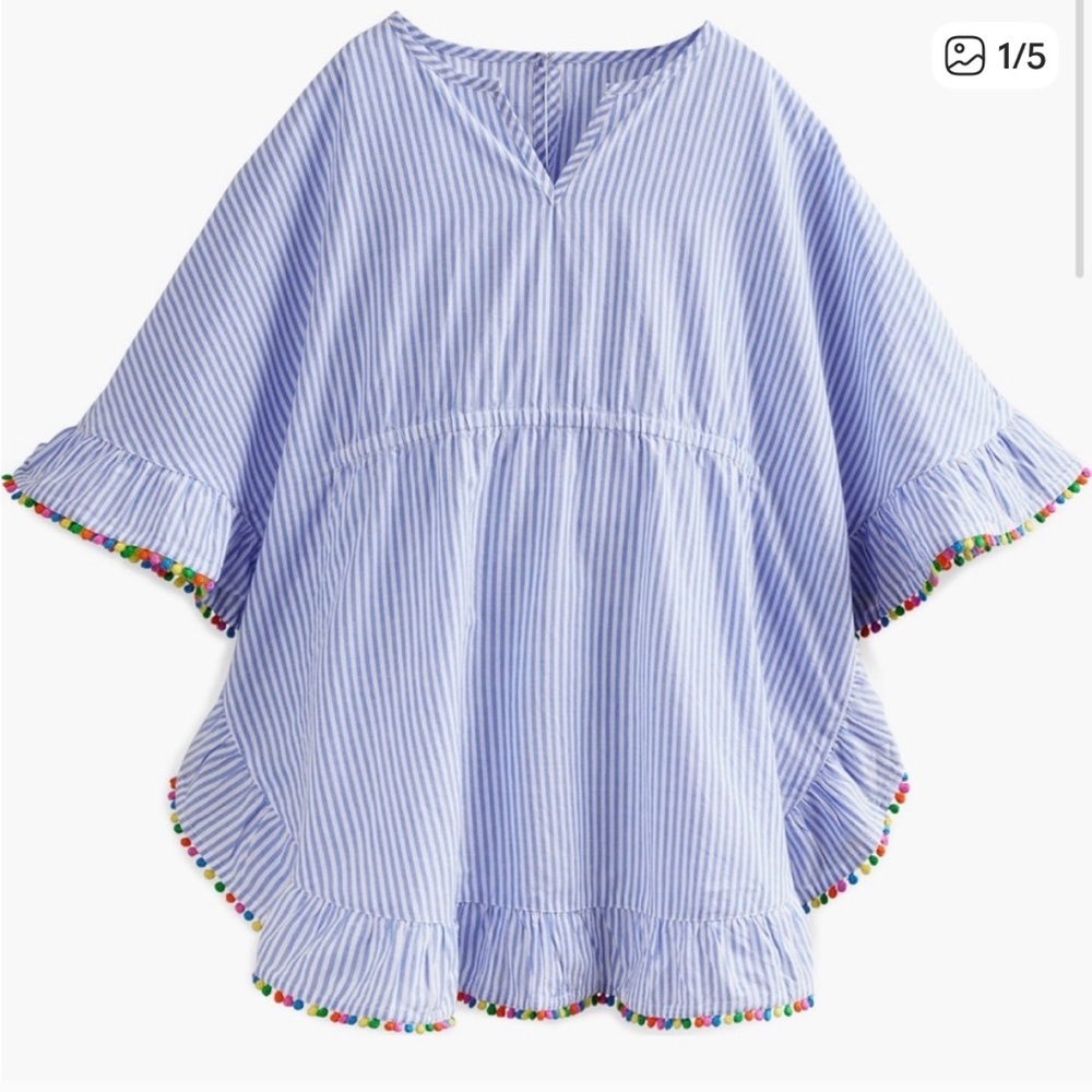 Mini Boden Blue and White Striped Pom-Pom Trim Tunic, 2-3T